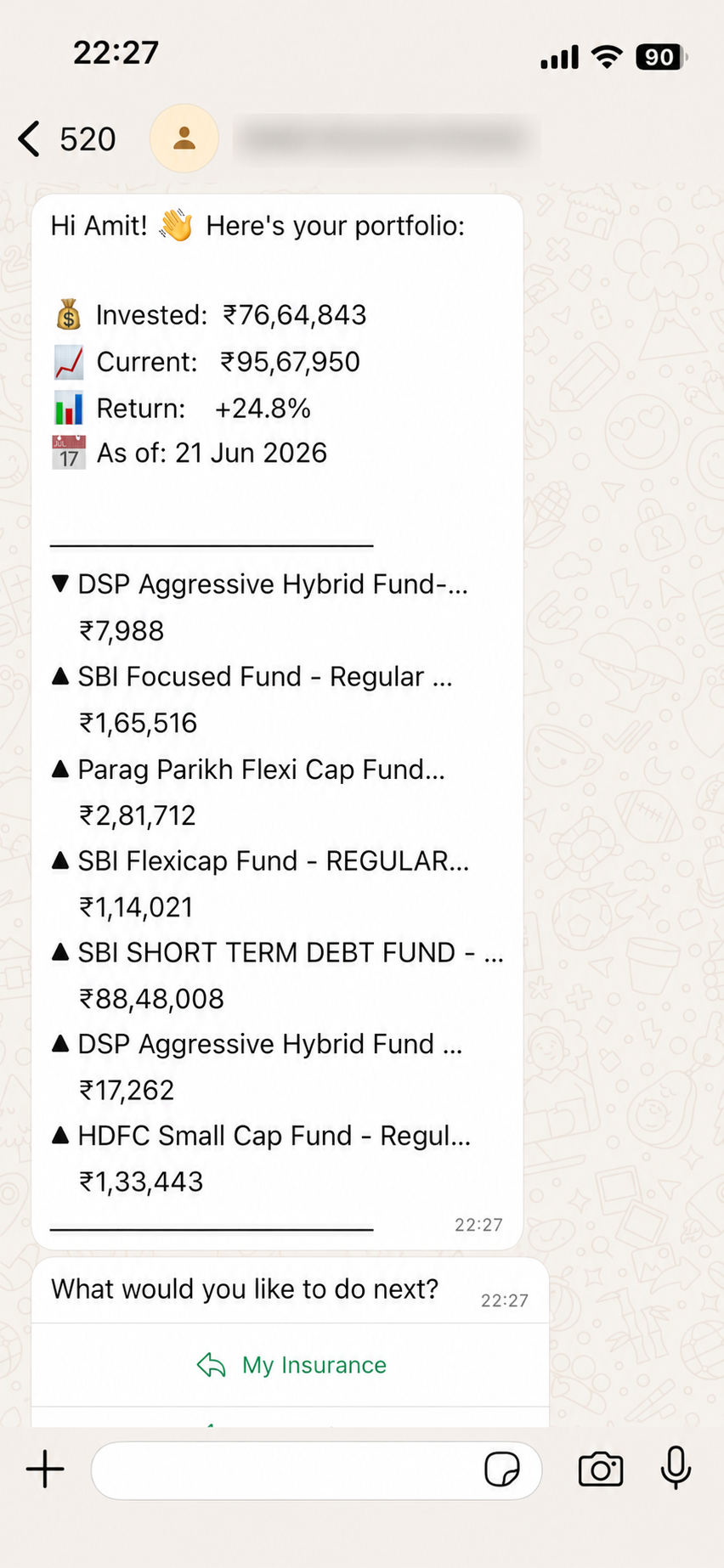 WhatsApp bot — portfolio summary